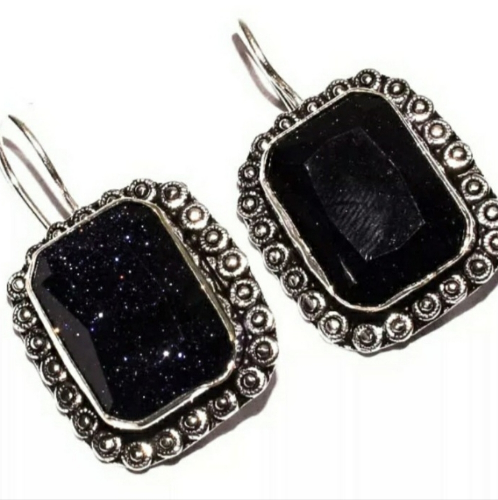 Blue Goldstone Square Earrings - Picture 7 of 7